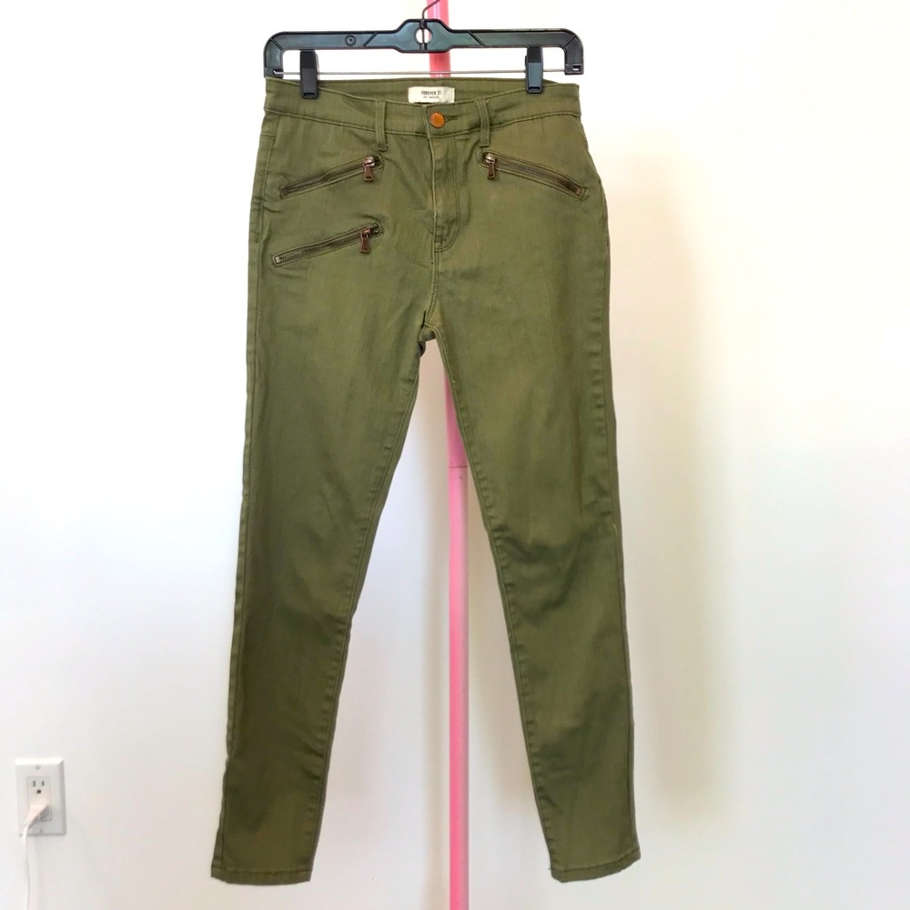 Olive Green Skinny Jeans with Gold Zipper Details